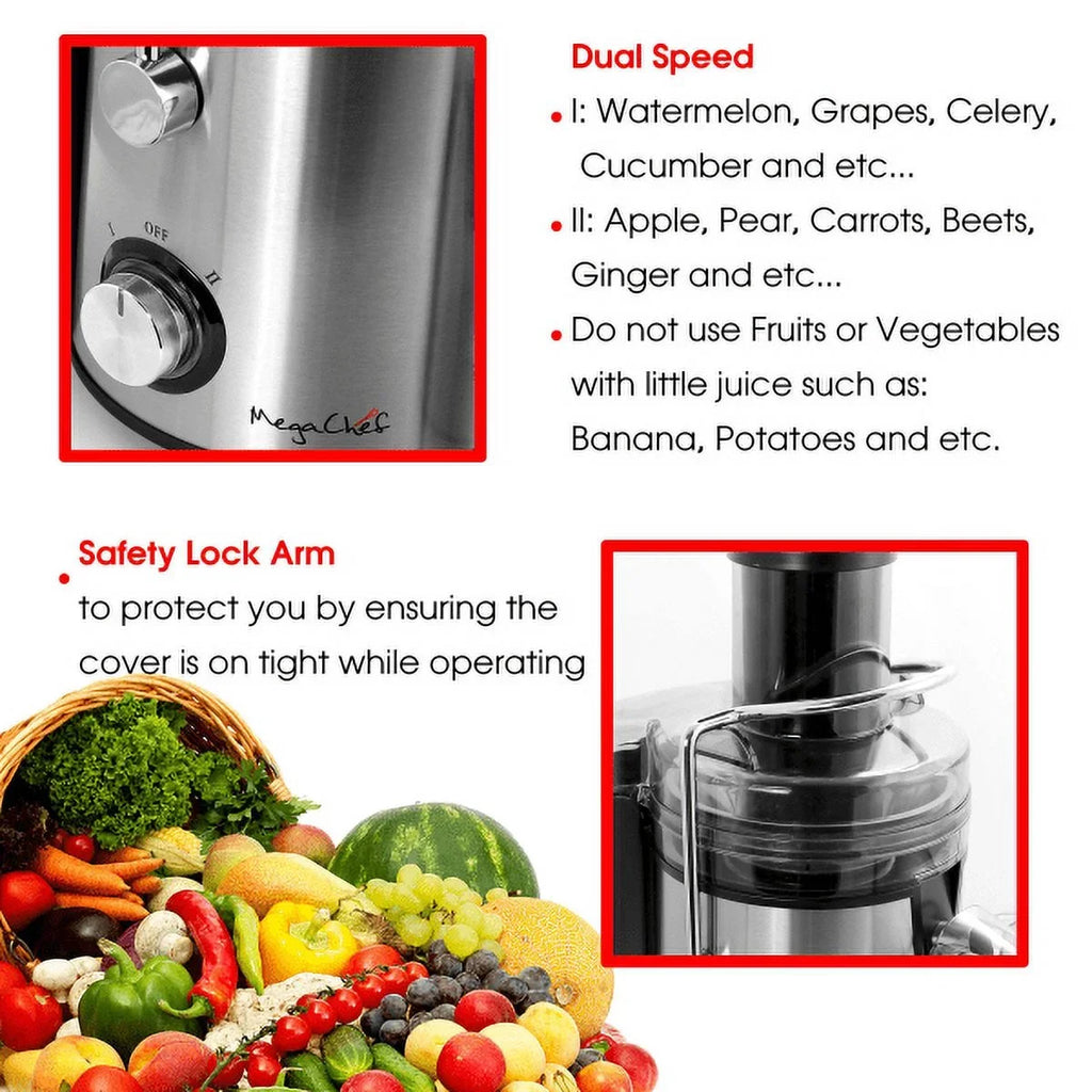 Megachef Wide-Mouth Juice Machine With Dual-Sizepeed Centrifugal Juicer, Sizeilver