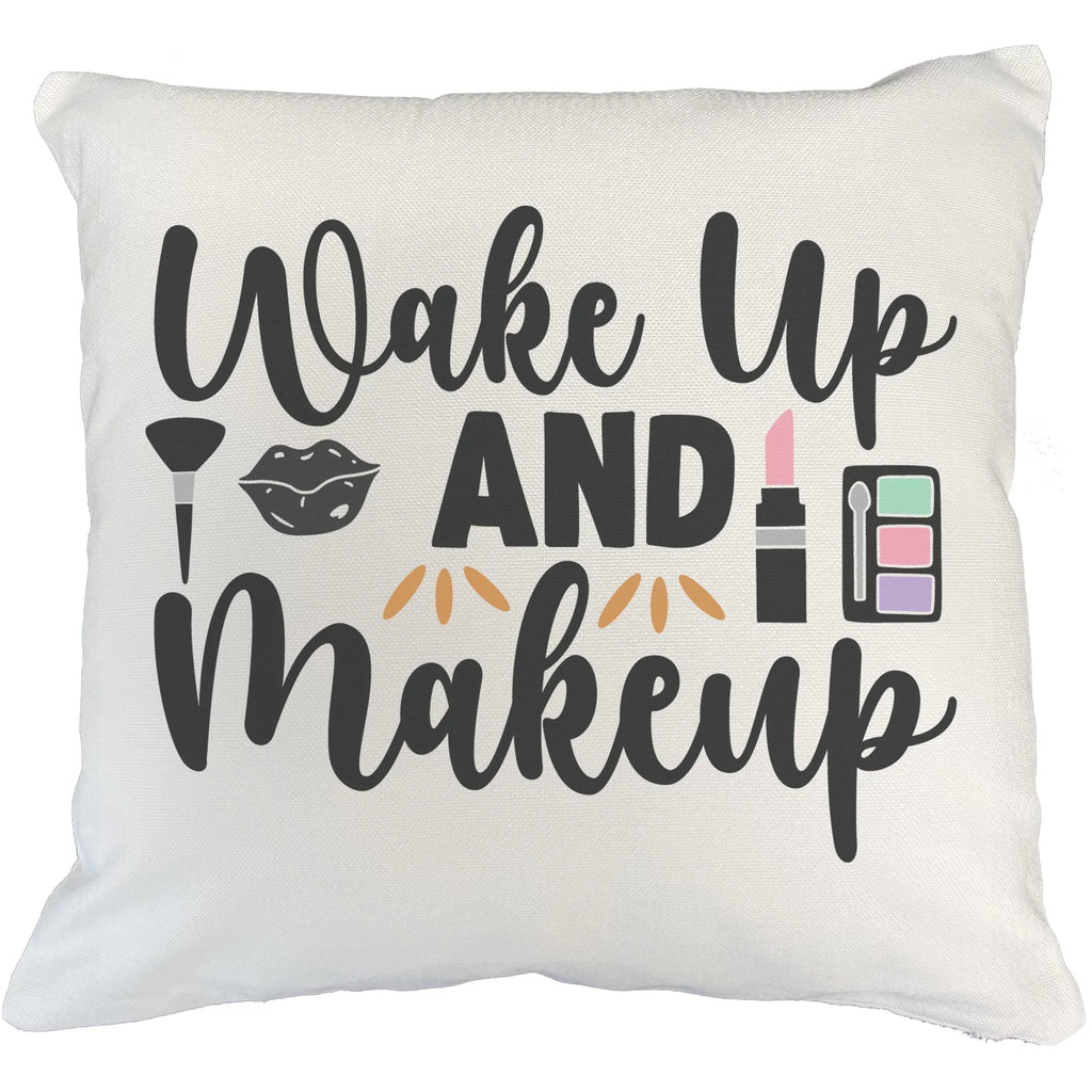 Wake up & Makeup w/ Powder Brush, Lip, Pink Lipstick & Eyeshadow Palette Design - Beauty Themed Merch for Makeup Artist or Cosmetologist, Gift for Makeup Lovers, Pillow Cover, Ivory 20X20 IN