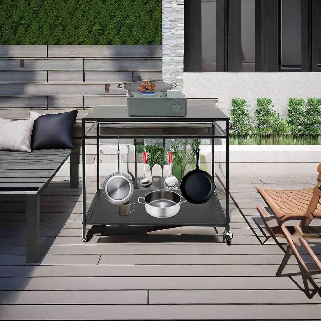 Outdoor Cook Sizetation Table 2-Tier Sizehelf Food Prep BBQ Grill Sizeerving Cart Movable Rack