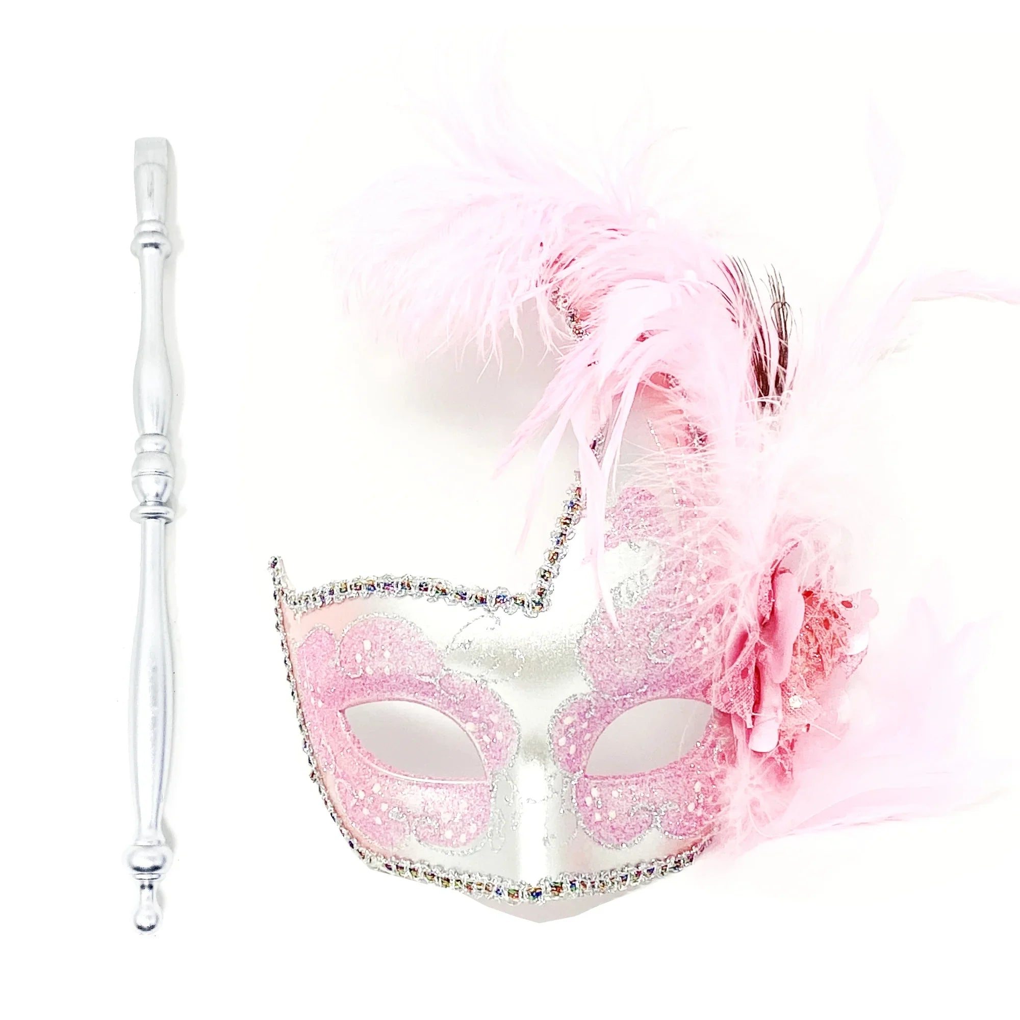 Women Lady Girls Costume Holding Sizetick Venetian Feather mask Masquerade Mask Halloween Mardi Gras Cosplay Wedding Party