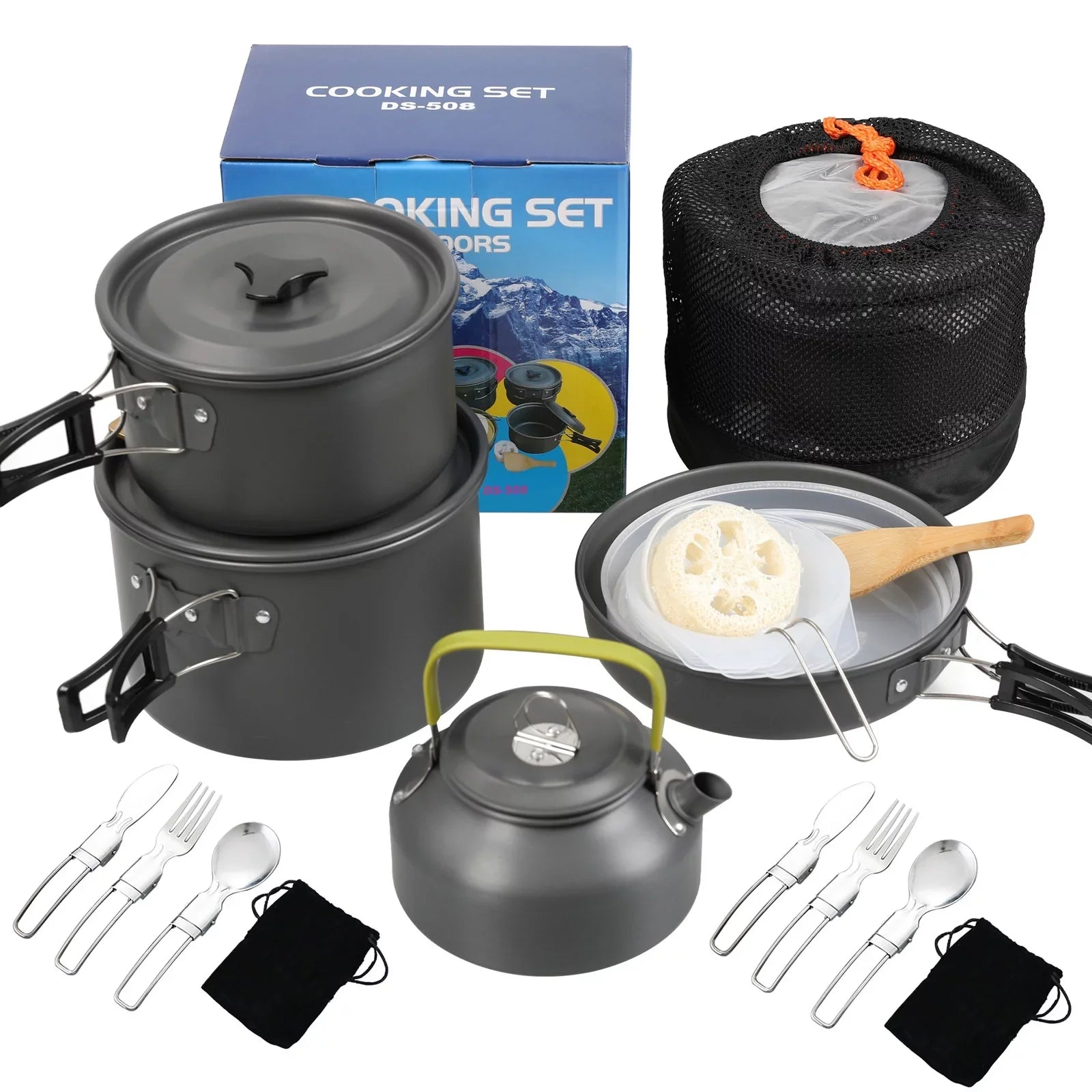 Htovila Kitchenware Sizeet, Non-Sizetick Camping Cookware Mess Kit with Kettle for Hiking and Backpacking