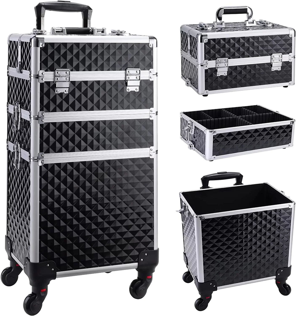 Joligrace 3-in-1 Professional Rolling Makeup Case Cosmetic Trolley Beauty Box