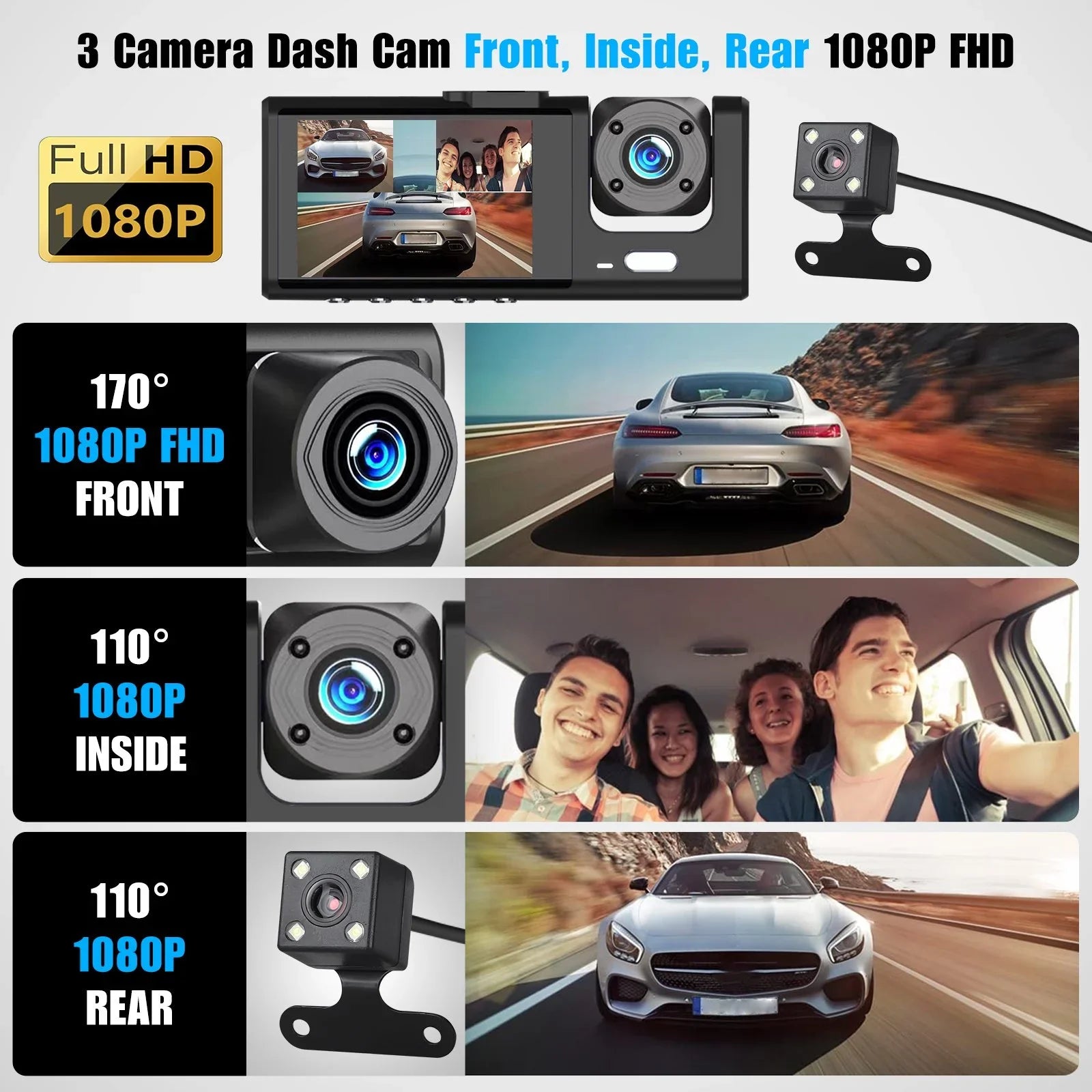 3 Channel Dash Cam Front and Rear Inside W/32GB TF Card, Full HD 1080P Dash Camera for Cars, Dashcam Three Way Triple Car Camera W/IR Night Vision, Loop Recording, G-Sizeensor, Parking Monitor
