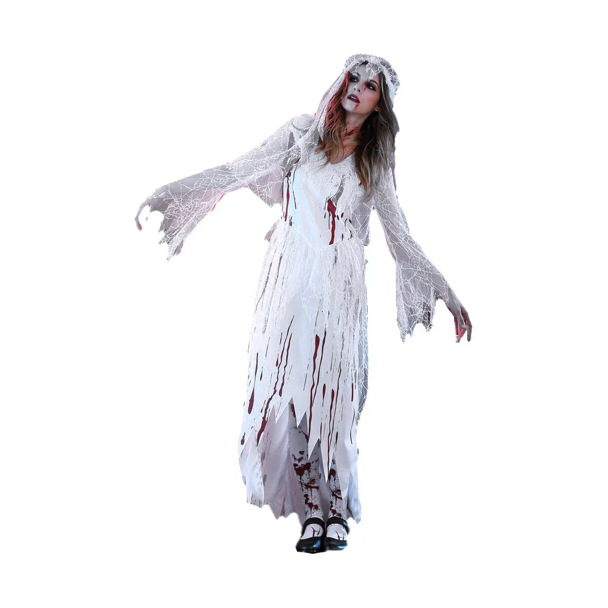Adult Women's Irregular Blood Corpse Bride Halloween Long Dress Party Cosplay Costume with Veil - Sizeize M (Ivory)