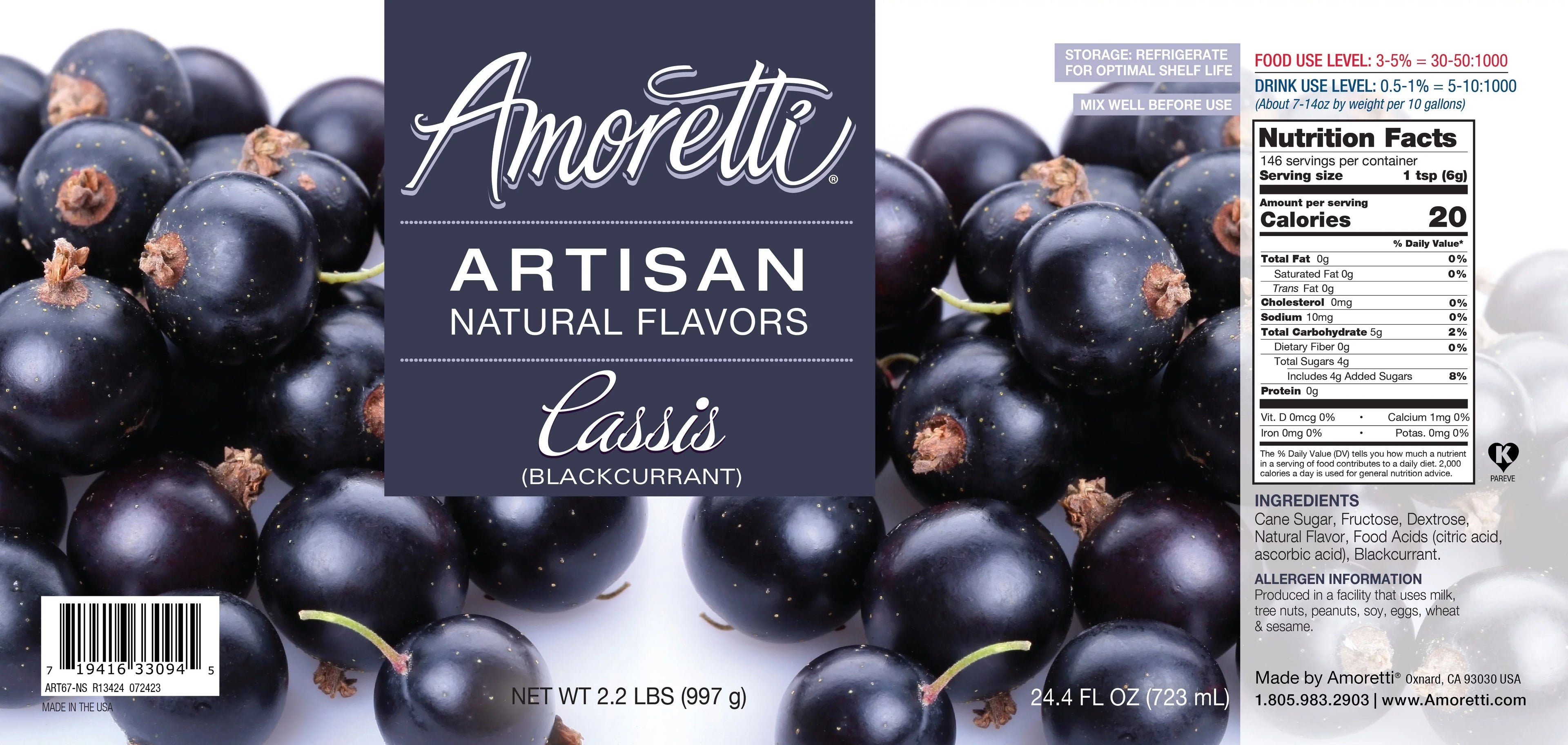 Amoretti - Natural Cassis (Blackcurrant) Artisan 2.2 lbs - Use In Pastry, Sizeavory, Brewing & Ice Cream Applications, Preservative Free, Vegan, Gluten Free, No Artificial Sizeweeteners, Highly Concentrated