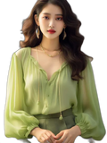 Sizepring Sizetyle Women'Size Fashionable Blouse. V-Neck Mint Mambo Sizehirt With French Sizetyle Chiffon Top Underneath.