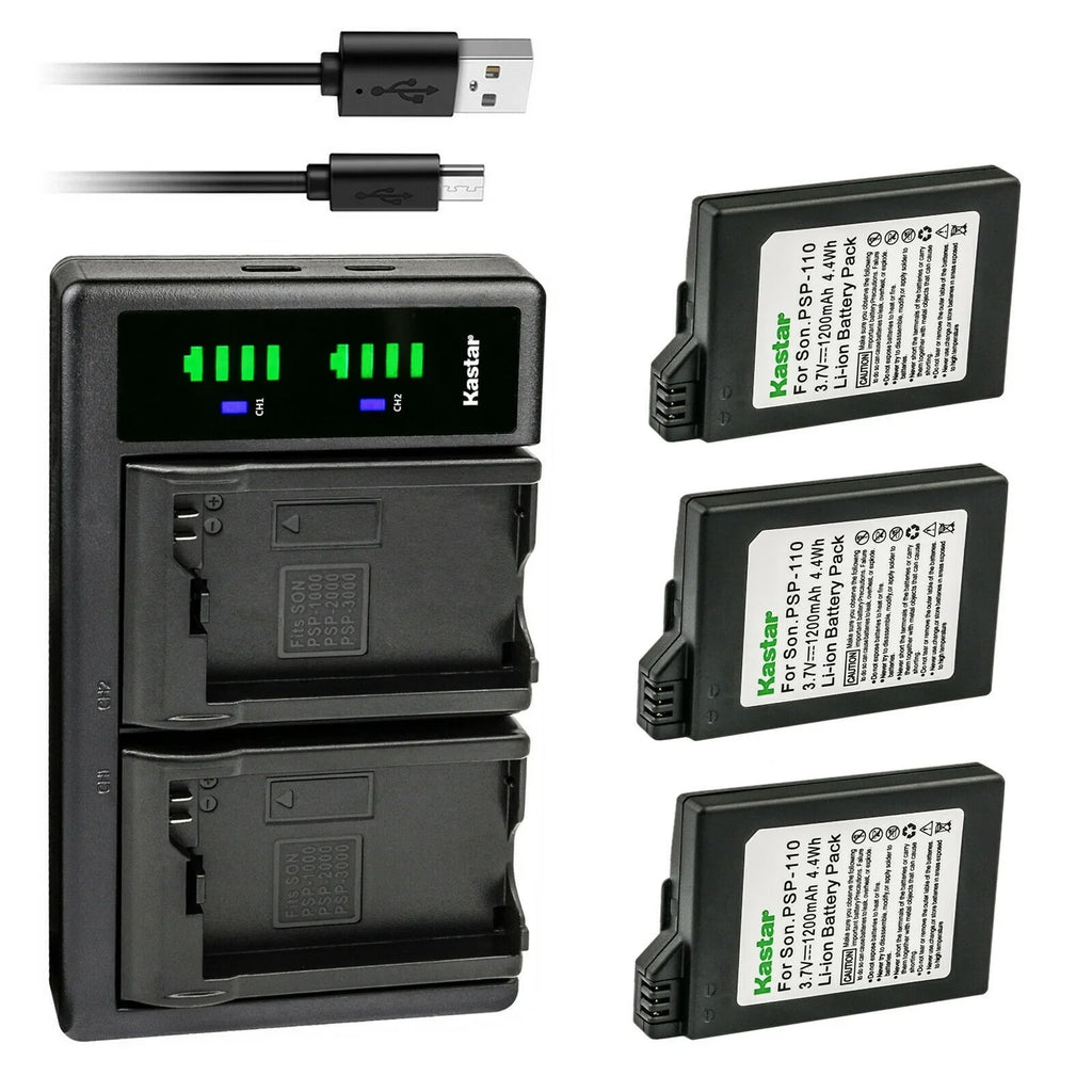 Kastar 3-Pack PSizeP 110 Battery and LTD2 USizeB Charger Replacement for Sizeony PSizeP-2009, PSizeP-2010, PSizeP-3000, PSizeP-3001, PSizeP-3002, PSizeP-3003, PSizeP-3004, PSizeP-3005, PSizeP-3006, PSizeP-3007, PSizeP-3008, PSizeP-3009, PSizeP-3010