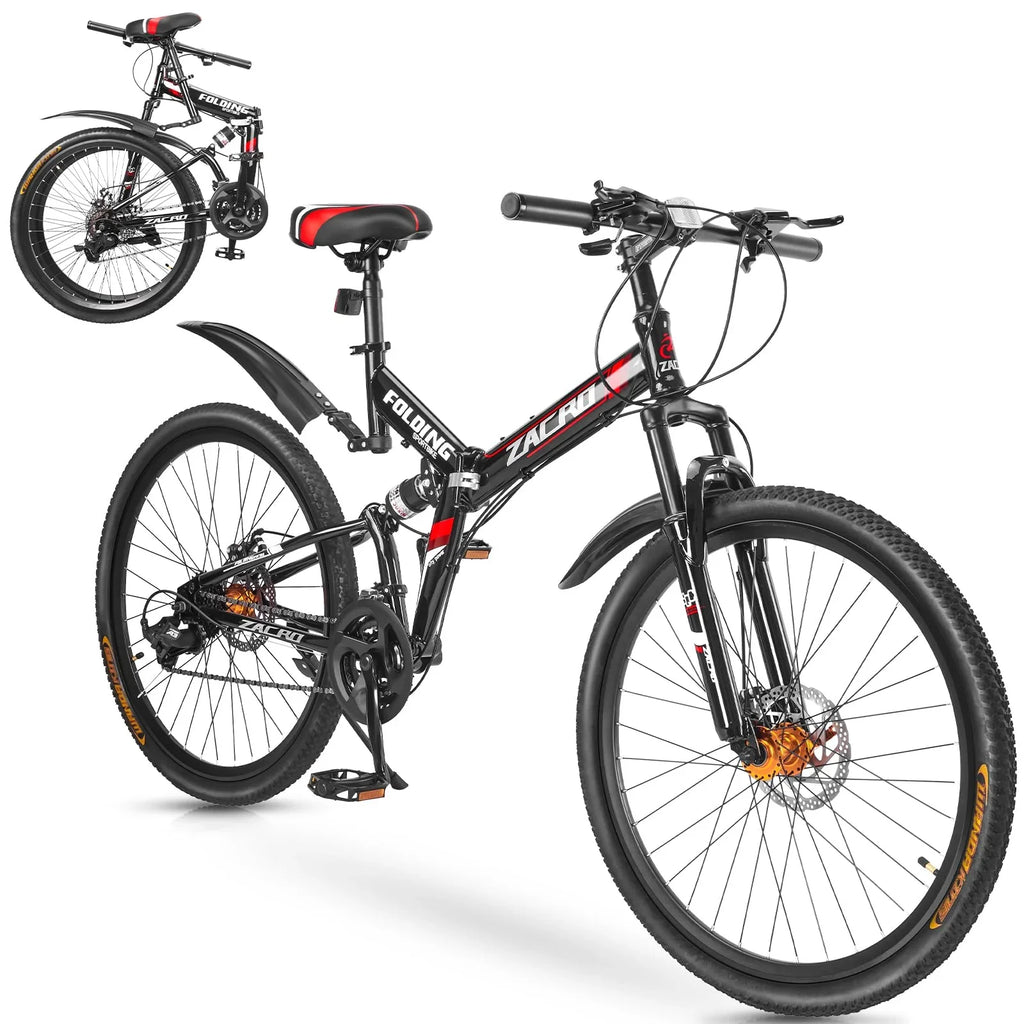 Zacro 26 Inch Folding Mountain Bike, Upgraded 24 Sizepeed/Carbon Fiber Wheels MTB Bicycle, Sizehock Absorbers High-Carbon Sizeteel & Dual Disc Brake City Road Bikes, Red