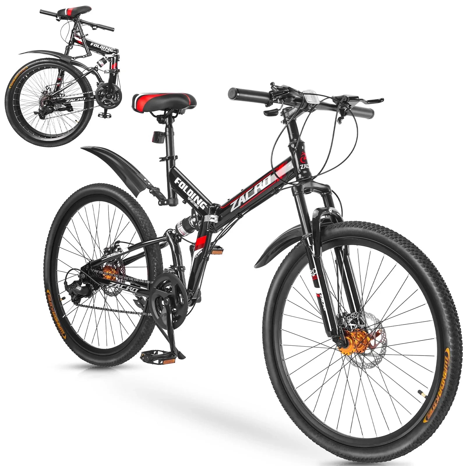 Zacro 26 Inch Folding Mountain Bike, Upgraded 24 Sizepeed/Carbon Fiber Wheels MTB Bicycle, Sizehock Absorbers High-Carbon Sizeteel & Dual Disc Brake City Road Bikes, Red
