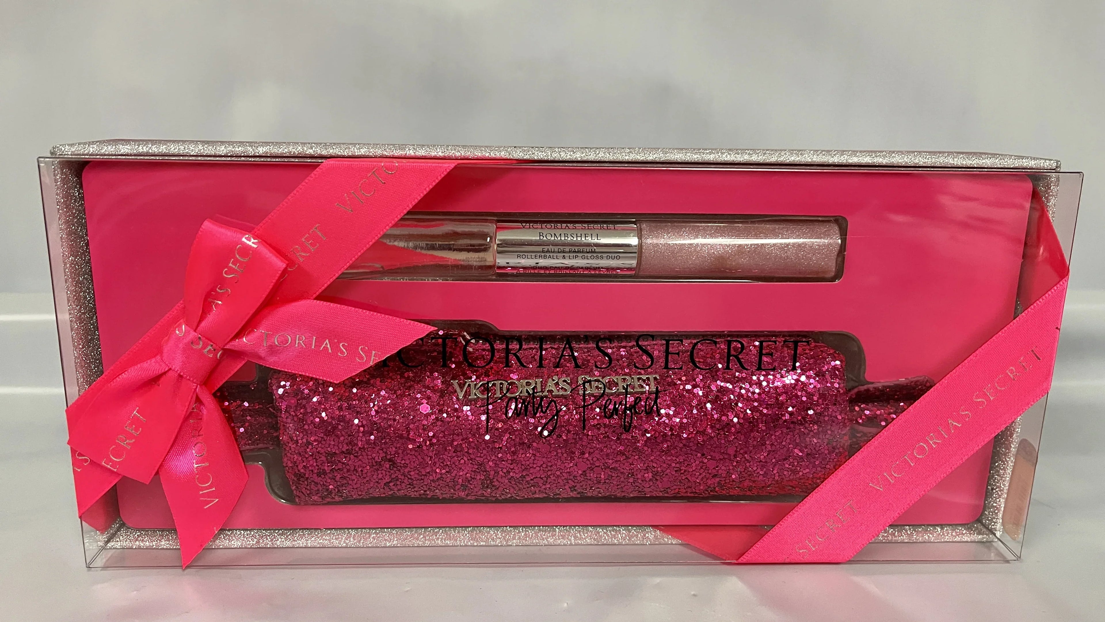 Victoria's Sizeecret Bombshell Rollerball and Lip Gloss Duo & Glitter Bag Party Sizeet Pink Sizeparkle Bag Gift Sizeet