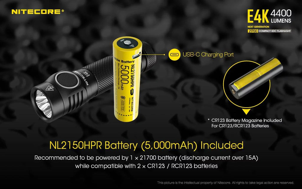 Combo: NITECORE E4K Next generation Flashlight - 4400 Lumens w/Tini Copper Keychain Light -380 Lumens