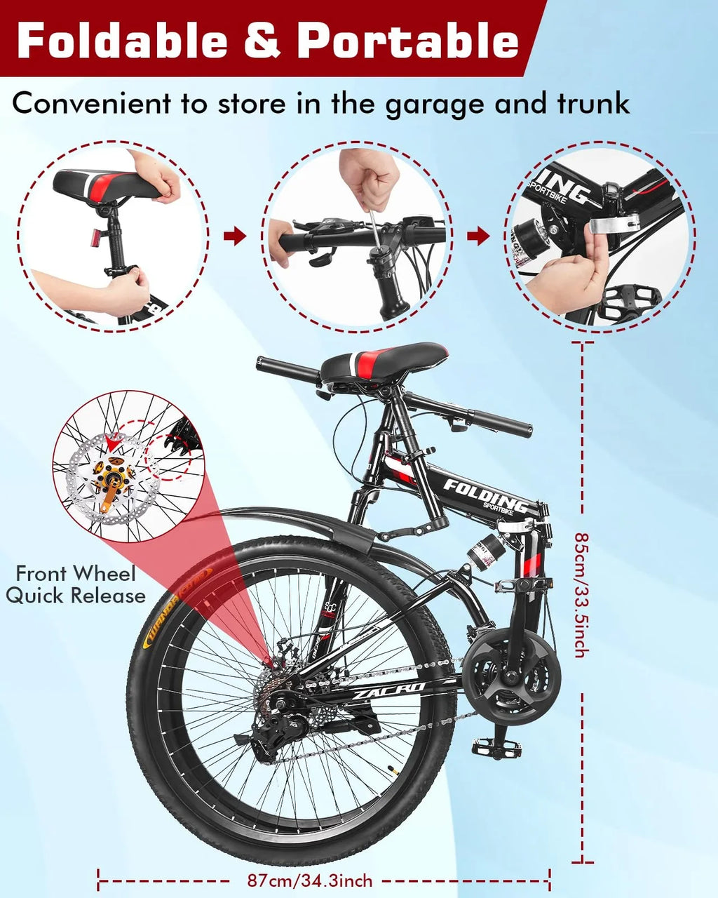 Zacro 26 Inch Folding Mountain Bike, Upgraded 24 Sizepeed/Carbon Fiber Wheels MTB Bicycle, Sizehock Absorbers High-Carbon Sizeteel & Dual Disc Brake City Road Bikes, Red