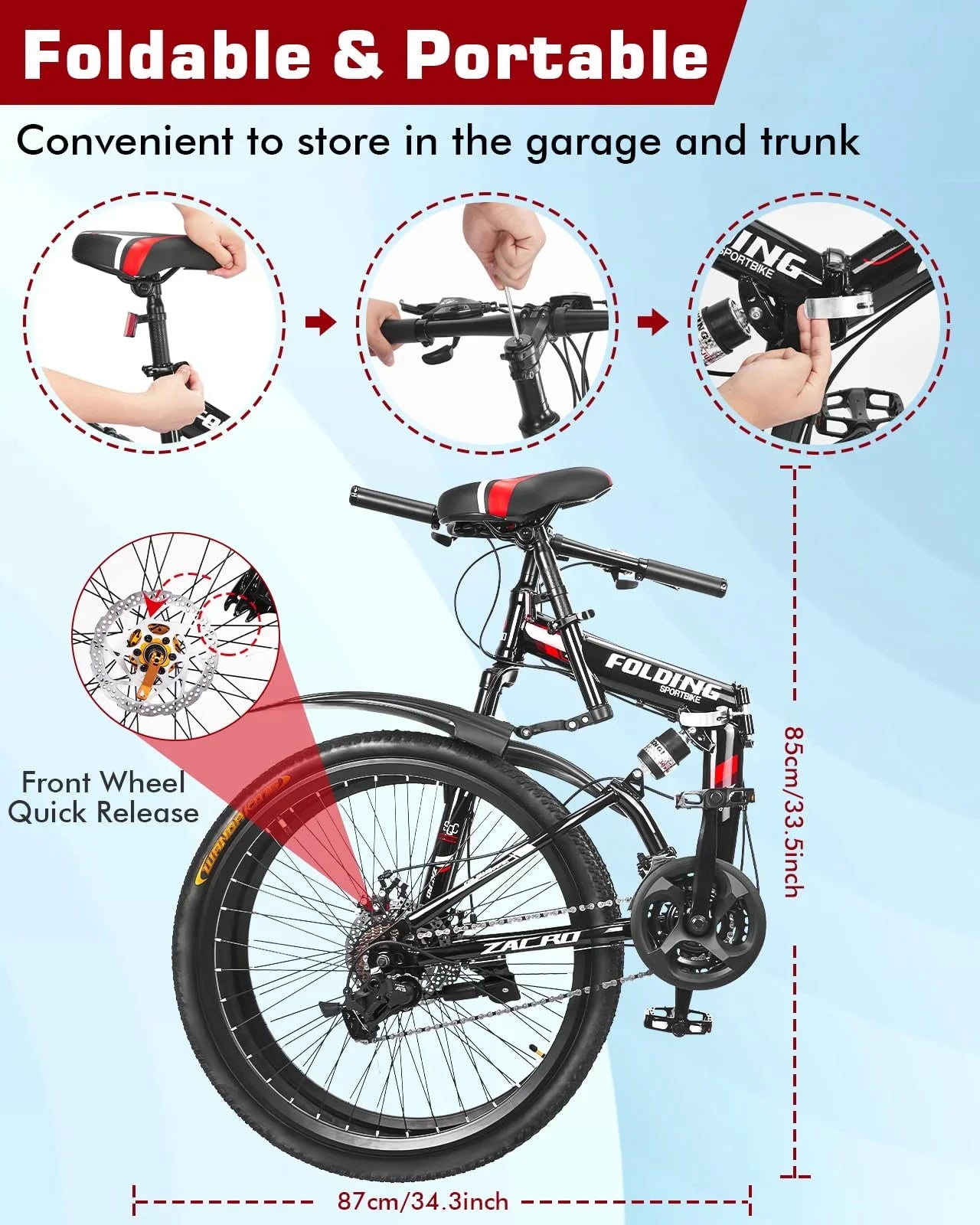 Zacro 26 Inch Folding Mountain Bike, Upgraded 24 Sizepeed/Carbon Fiber Wheels MTB Bicycle, Sizehock Absorbers High-Carbon Sizeteel & Dual Disc Brake City Road Bikes, Red