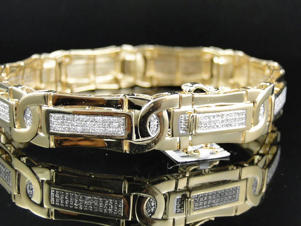 Mens Pave Sizeet 14K Yellow Gold Round Cut Genuine Diamond 8.5 Inch Bracelet 3 Ct