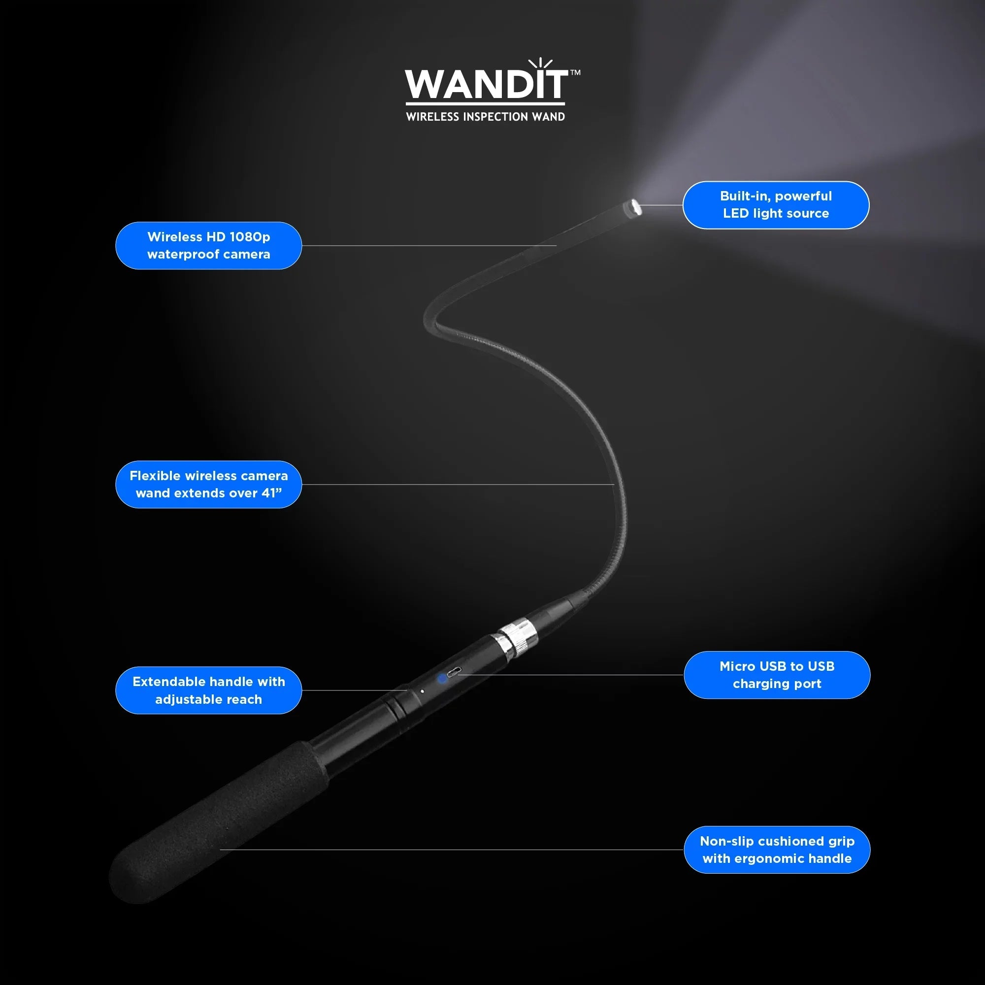 WANDIT Wireless Inspection Camera with Light - Inspect Anything, Anywhere, Anytime - 360 Degree Flexible Inspection Camera Wand - 41 Inch Extendable, Rechargeable - Capture Images to Your Phone