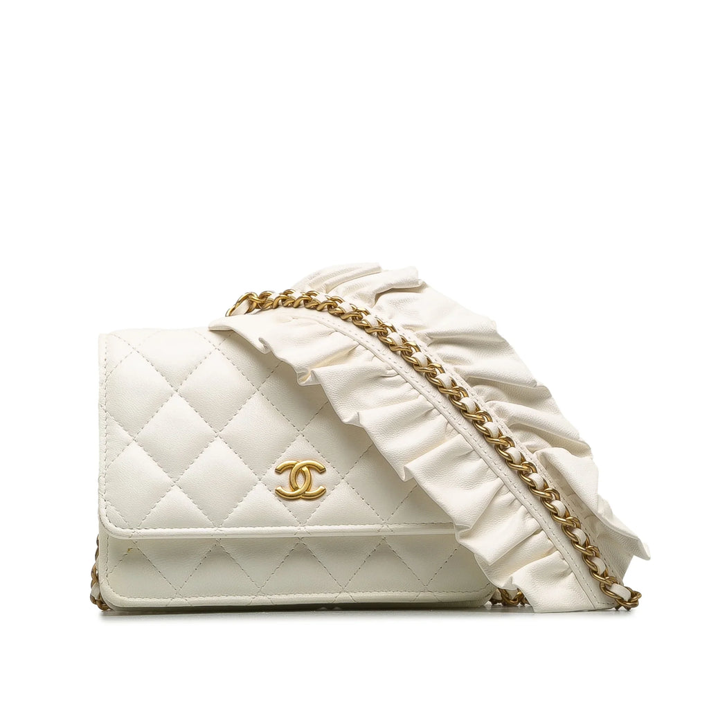 Pre-Owned Authenticated Chanel Romance Lambskin Wallet On Chain Leather Ivory Crossbody Bag Unisex (Good)