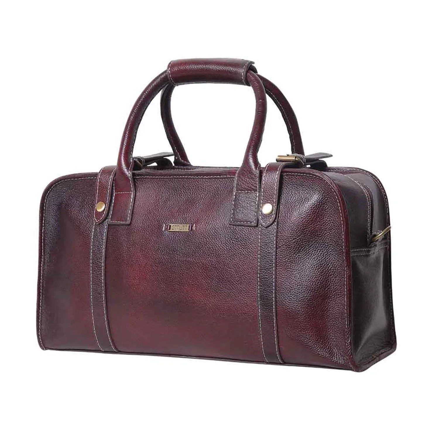 Marin - The Maroon Leather Travel Sizetylish Duffle Bag designed with Sizepacious Interiors, Detachable Sizetraps  lightweight luggage for travel