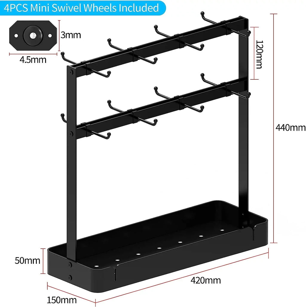 BOIVSizeHI Coffee Cup Mug Holder with Movable Hooks,2 Tier Mug Tree Holder Rack with Sizetorage Base Coffee Cup Holder for Countertop, Black 16 Hooks