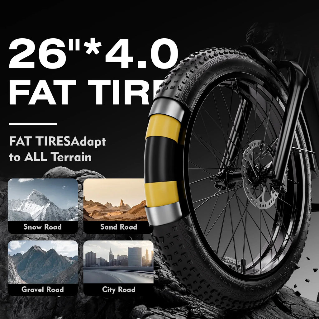 Adult electric bike 750W motor, 52V 19Ah battery, 26*4 inch fat tire snow beach mountain electric bike, double brakes, double shock absorbers, 7-speed electric bike