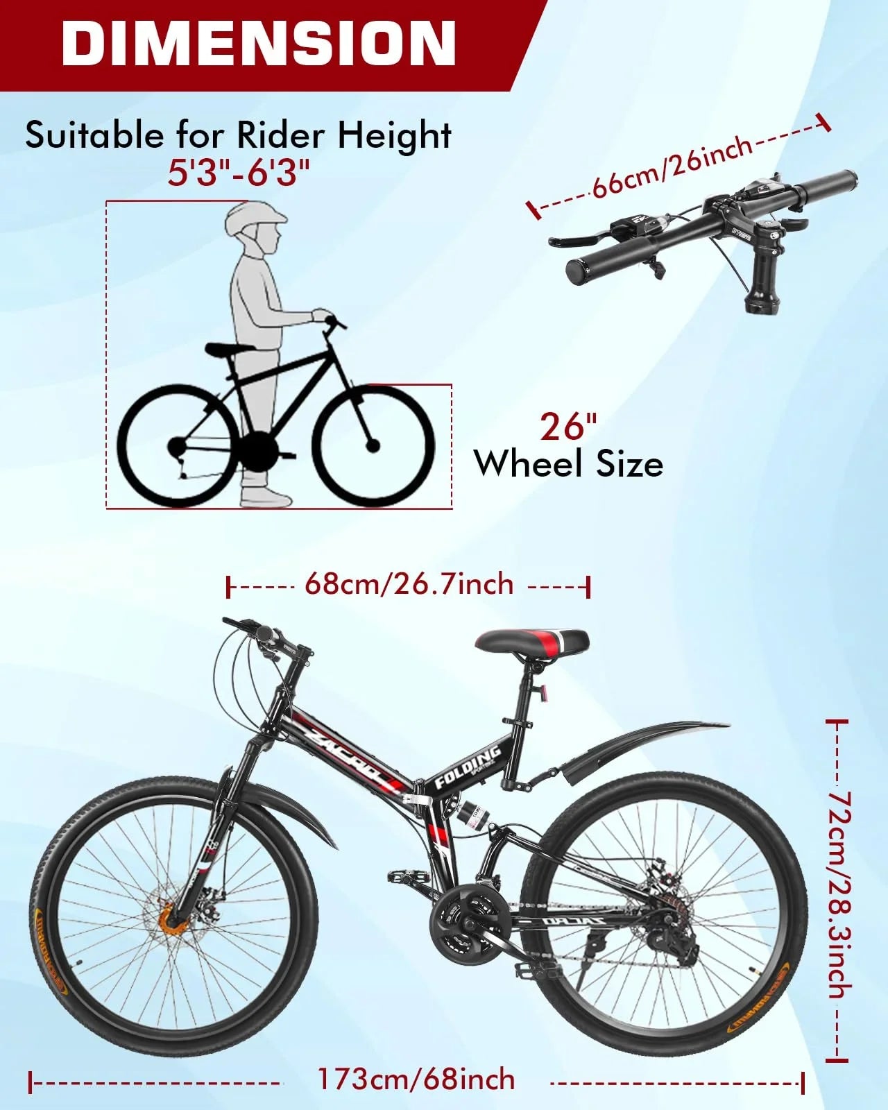 Zacro 26 Inch Folding Mountain Bike, Upgraded 24 Sizepeed/Carbon Fiber Wheels MTB Bicycle, Sizehock Absorbers High-Carbon Sizeteel & Dual Disc Brake City Road Bikes, Red