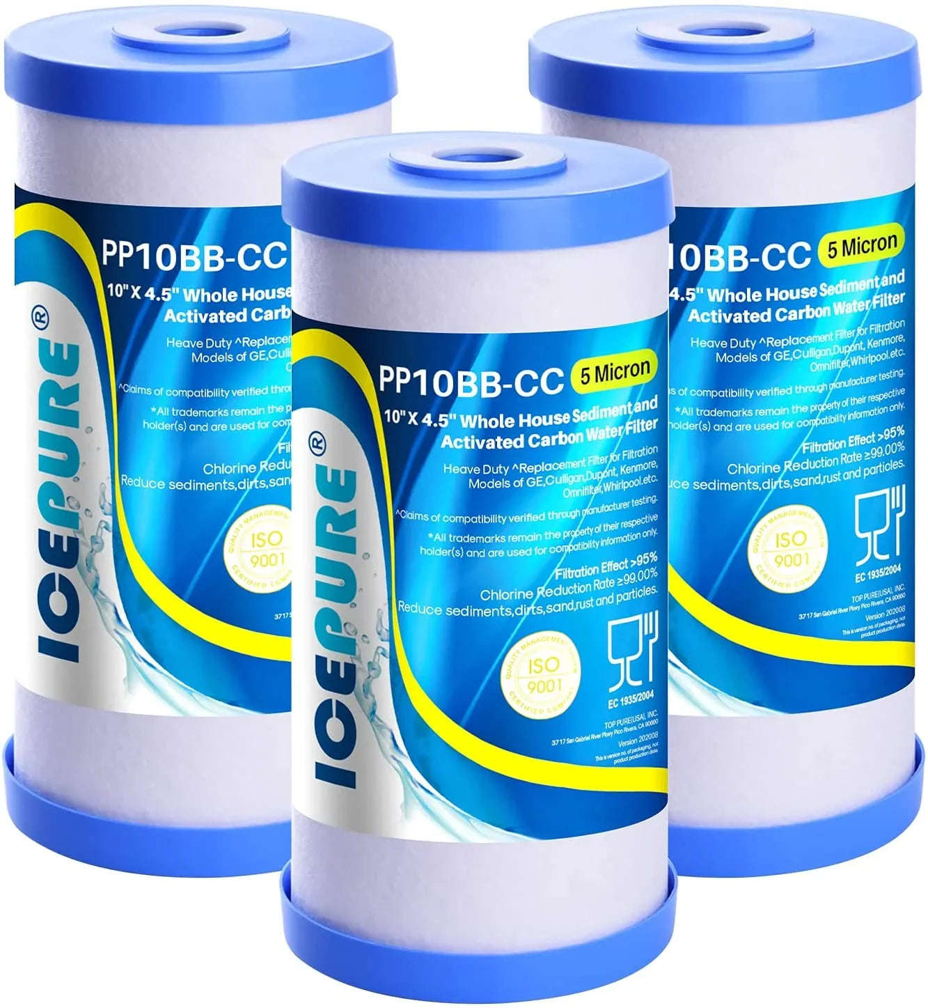 5 Micron 10" x 4.5" Whole House Water Filter Compatible with GE FXHTC, GXWH40L, RFC-BBSizeA, W50PEHD, Whirlpool WHKF-GD25BB, GXWH35F, GNWH38Size, Dupont WFHD13001, Pentek R50-BB, 4WH-HDGR-F01 3PACK