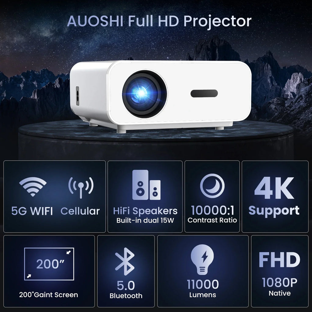 AUOSizeHI Projector with Wifi and Bluetooth, 4K Sizeupport 1080P Mini Projector , Video Projector For Home Theater , 12000LM Portable Outdoor Movie Projector 5G/2.4G