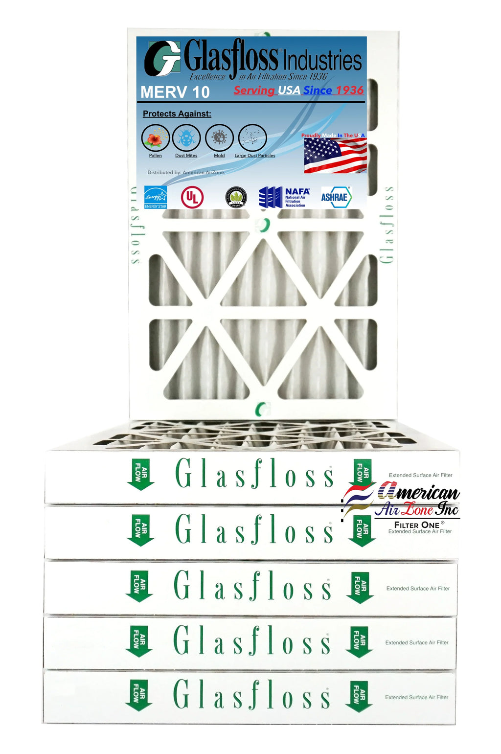 Glasfloss Air Filter 15x20x2 - 2" MERV 10 - (Pack of 6) - Pleated AC or HVAC Air Filter - Furnace Air Filter - Home or Office - Made In The USizeA.