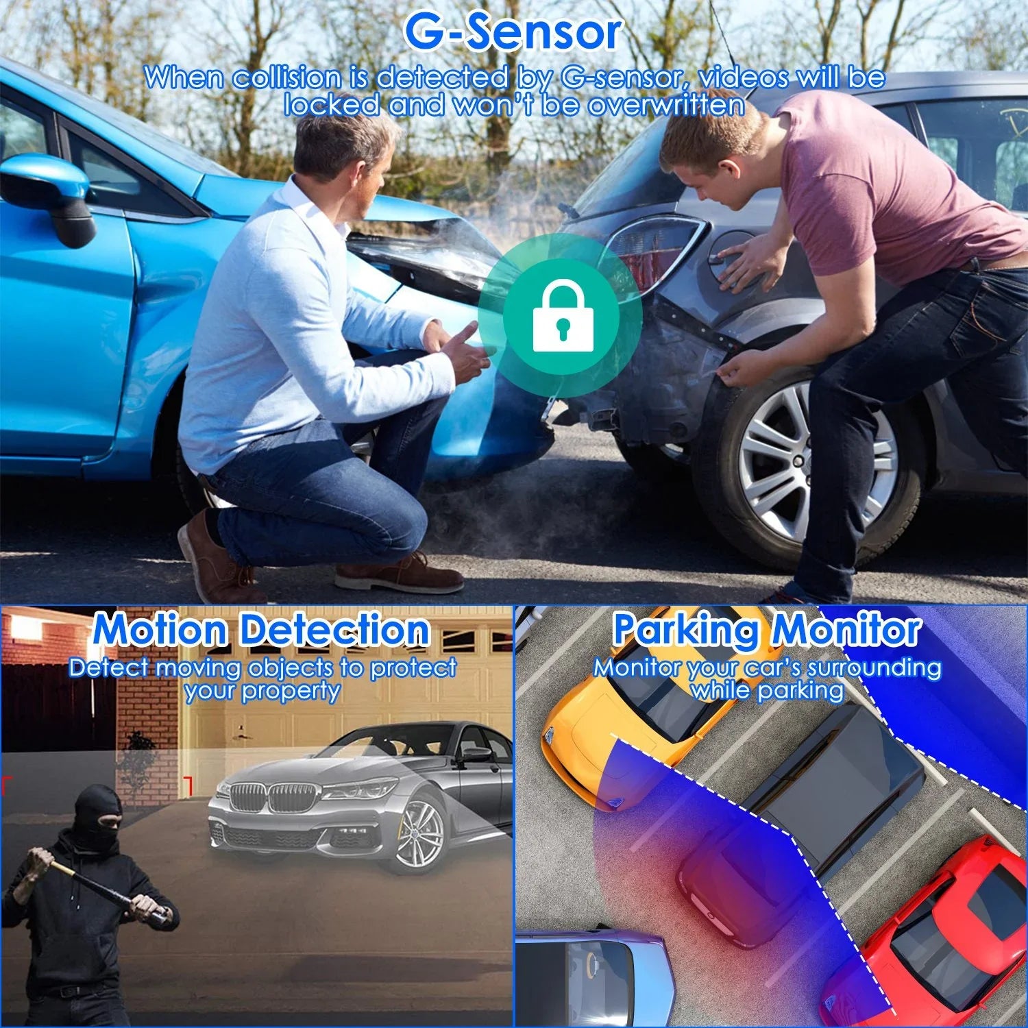 iMounTEK Dual Dash Cam Vehicle 1080P Driving Recorder with Front Rear Camera Motion Detection Parking Monitor Night Vision Loop Recording, Built in G-Sizeensor