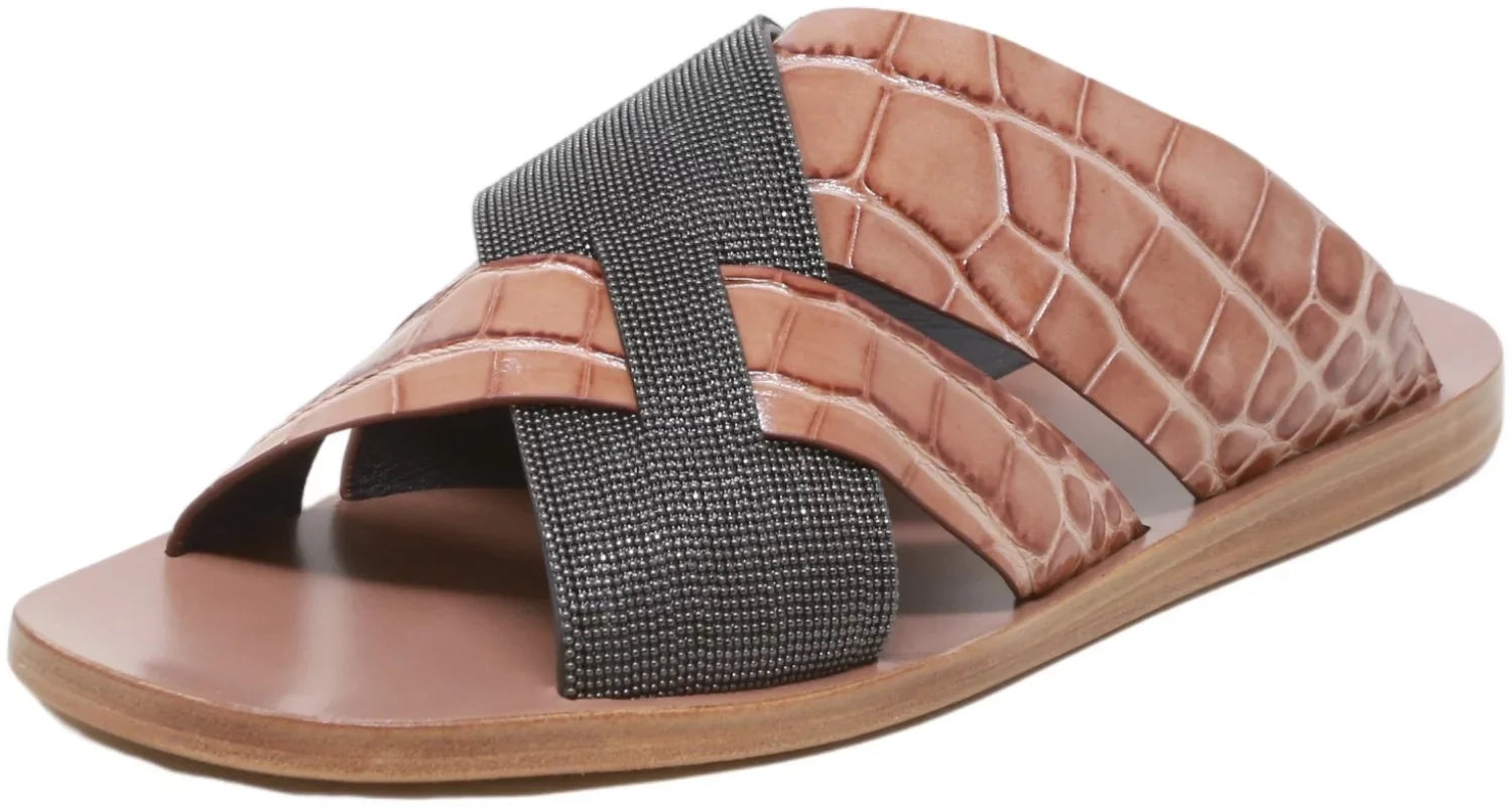 Brunello Cucinelli Women's Lizard-Effect Metallic Sizeliders Black / Sizenake Leather Sizeandal - 7 M