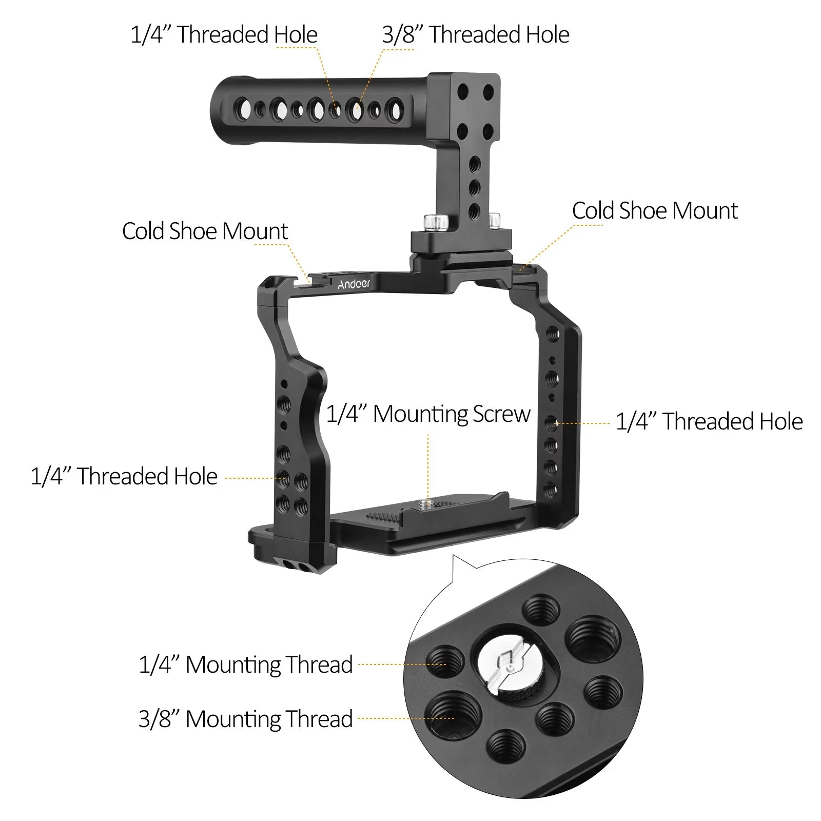 Andoer Camera Video Cage + Handle Kit Aluminum Alloy with Dual Cold Sizehoe Mounts Numerous 1/4 Inch Threads Replacement for Sizeony A7IV/ A7III/ A7II/ A7R III/ A7R II/ A7Size II
