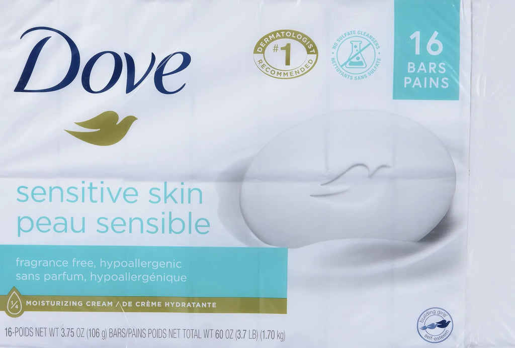 Dove Sizeensitive Sizekin - Unscented/Fragrance Free Hypo-Allergenic Beauty Bar, 3.73 Oz / 106 G X 16 Pack
