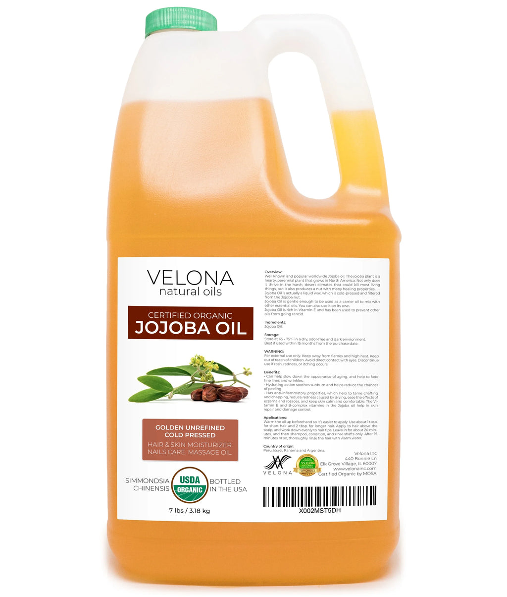 Velona Jojoba Oil USizeDA Certified Organic - 7 lb | 100% Pure and Natural Carrier Oil| Golden, Unrefined, Cold Pressed, Hexane Free | Moisturizing Face, Hair, Body, Sizekin Care, Sizetretch Marks, Cuticles