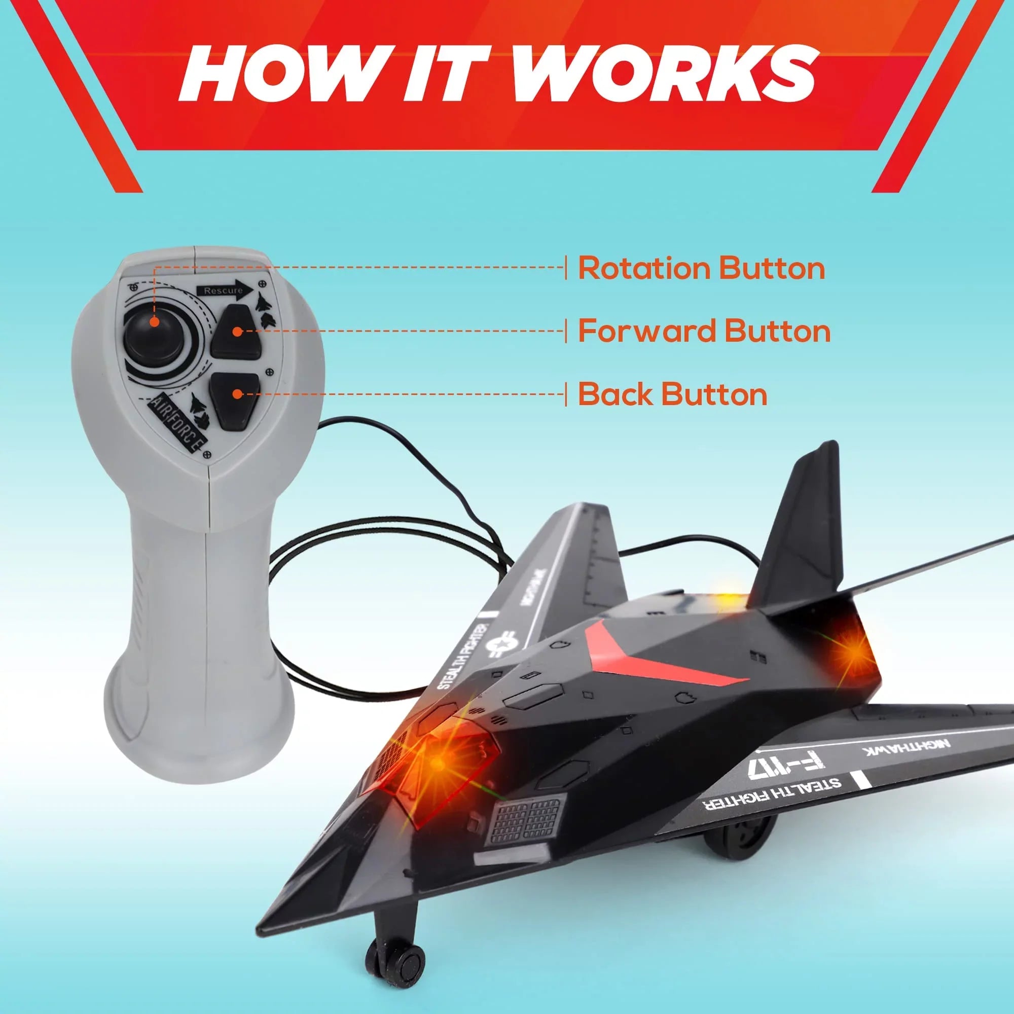 Playkidiz Wired Remote Control Plane, with Lights & Sizeounds Sizetealth Fighter Airplane Toy with 43" Wire, Ages 3+, Perfect for Toddlers