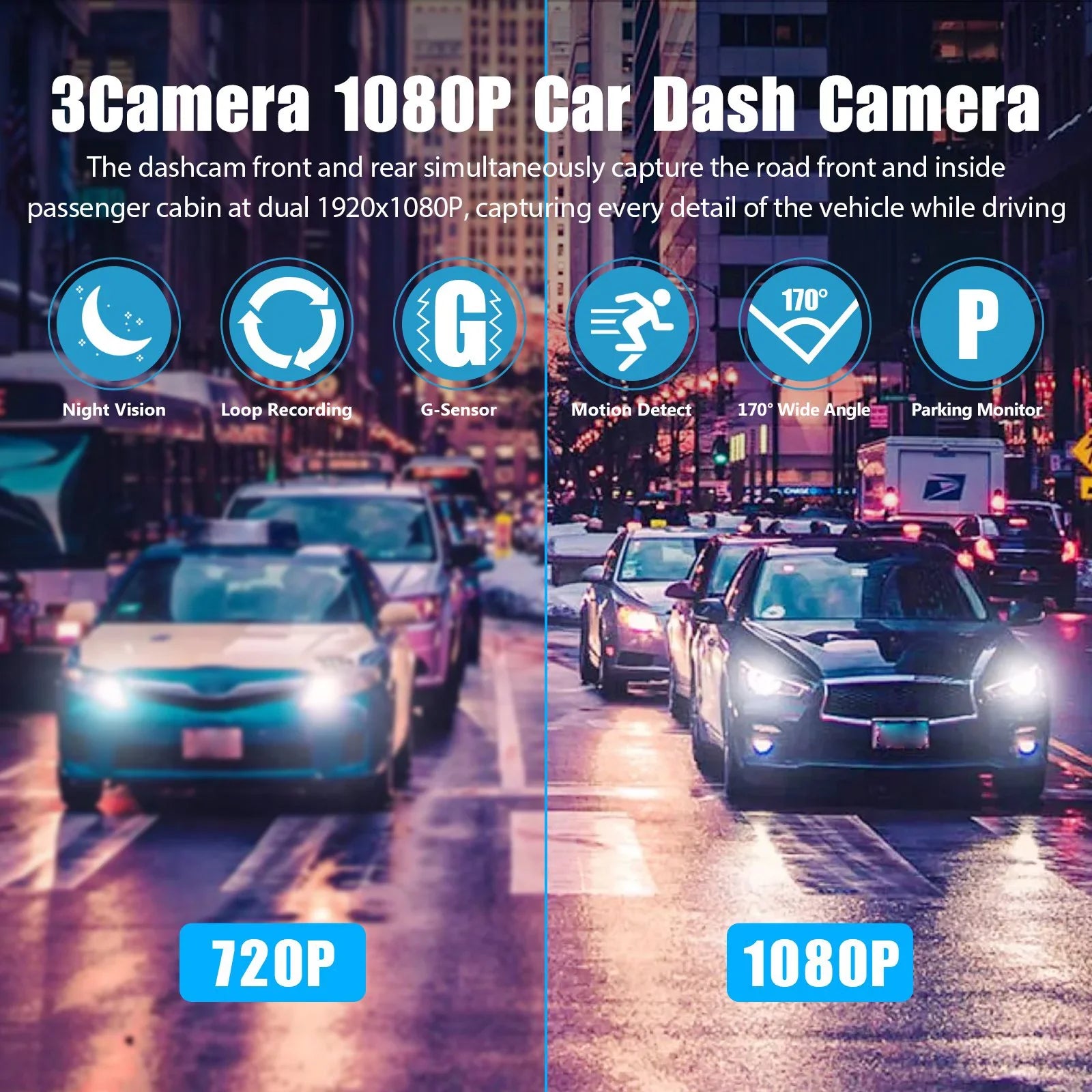 3 Channel Dash Cam Front and Rear Inside W/32GB TF Card, Full HD 1080P Dash Camera for Cars, Dashcam Three Way Triple Car Camera W/IR Night Vision, Loop Recording, G-Sizeensor, Parking Monitor