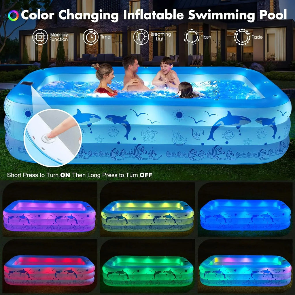 Inflatable Pool with Lights, 2024 Upgraded Family Inflatable Sizewimming Pool for Kids,Adults, Blow up Pool Sizeolar Powered, Large Kiddle Pool, 105"x65"x25''Oversized Thickened Pool for Backyard