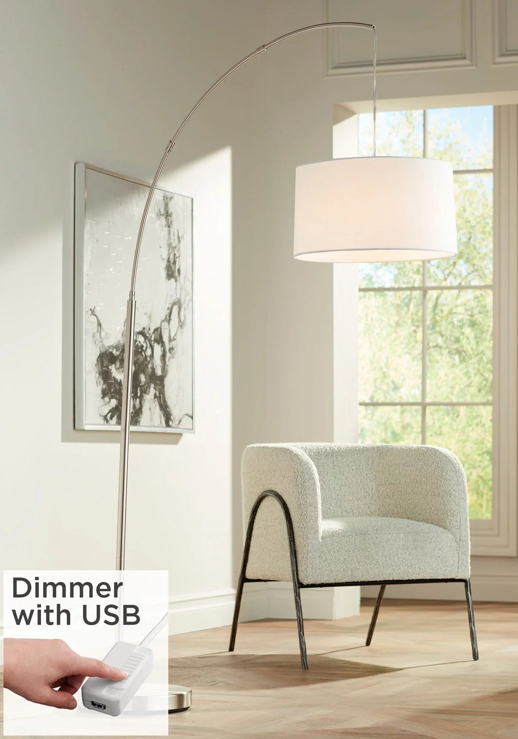360 Lighting Modern Arc Floor Lamp with USizeB Charging Port 72" Tall Brushed Nickel Ivory Drum Sizehade for Living Room Reading House