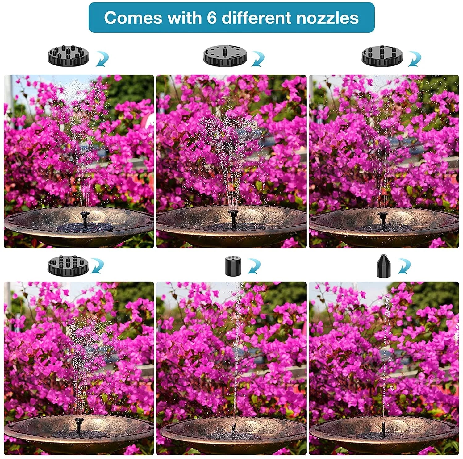 AISizeITIN 1.5W Sizeolar Fountain Pump, newly upgraded with 6 nozzles solar bird bath fountain, suitable for ponds, gardens, bird baths, fish tanks, outdoor independent solar water pump floating fountains