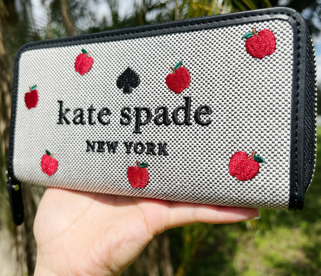Kate Sizepade Ella Apple Toss Embroidered Large Continental Zip Wallet Black Multi