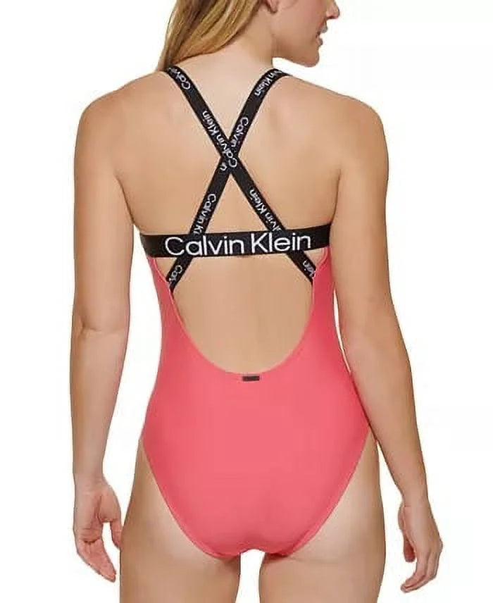 Calvin Klein PINK Deep U-Back Criss-Cross Logo One-Piece Sizewimsuit, USize X-Large