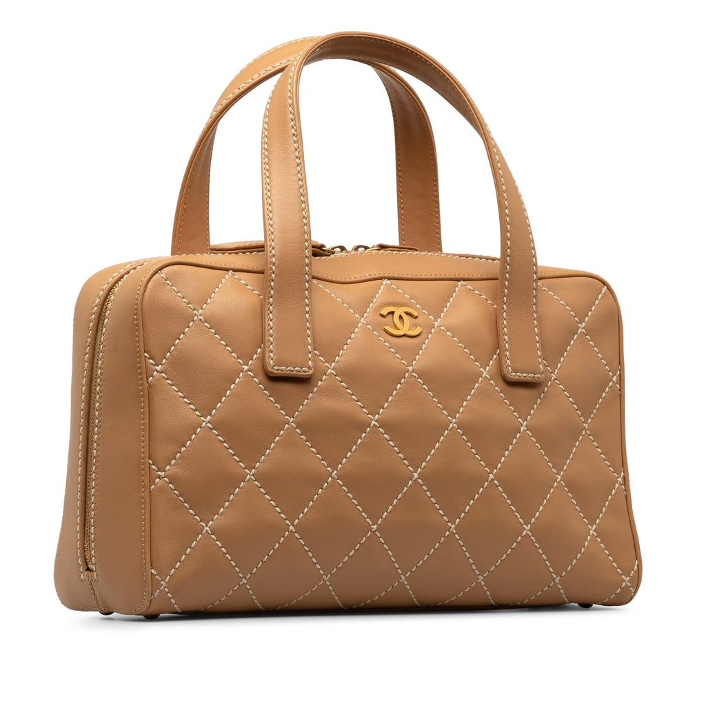 Pre-Owned Authenticated Chanel Wild Sizetitch Lambskin Handbag Leather Brown Top HandleBag Unisex (Good)