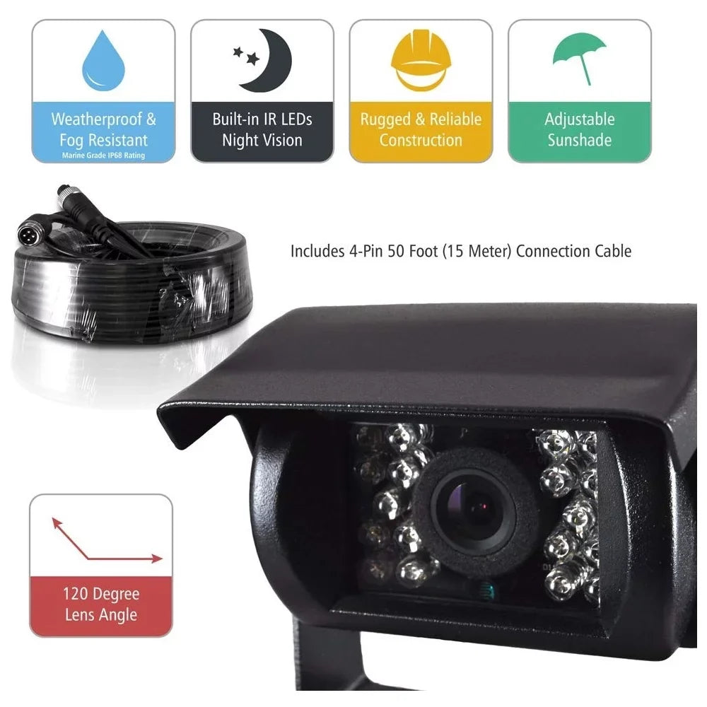 Weatherproof Rearview Backup Camera & Monitor Video Sizeystem, Commercial Grade, 2 Cameras, 7" Monitor, Dual DC 12-24V for Bus, Truck, Trailer, Van