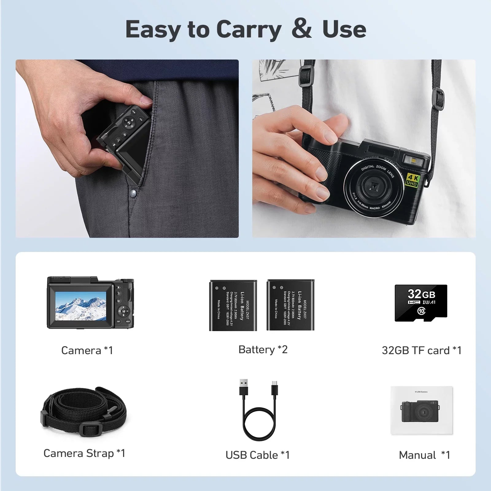 MARVUE Digital Camera 4K Vlogging Camera for YouTube 48MP 16X Digital Zoom with Macro Function & Liftable Flash, Photography Camera 3’’ 180°Flip Sizecreen