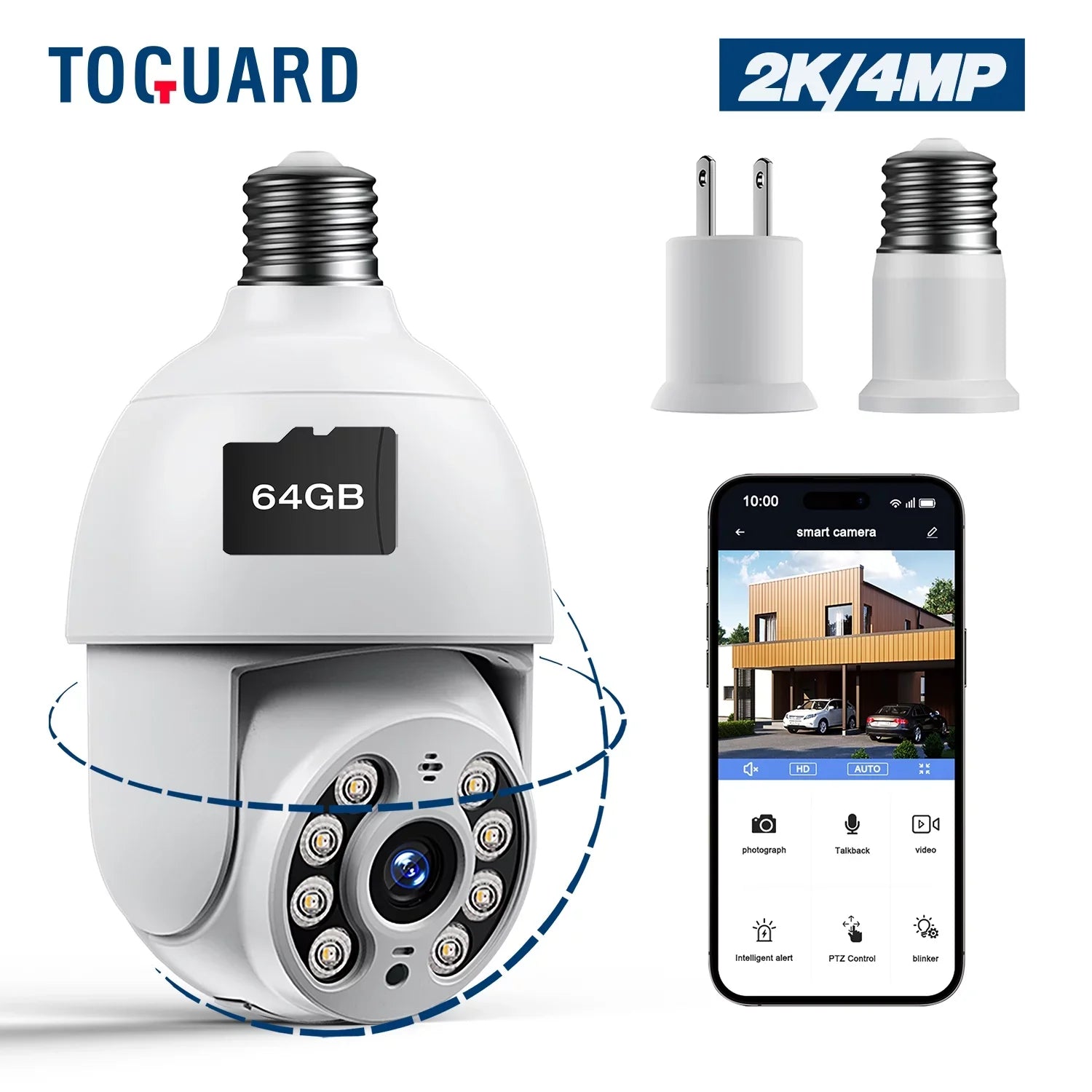 Toguard SizeC30 2K/4MP WiFi Light Bulb Sizeecurity Camera Outdoor Indoor PTZ Wireless Dome Sizeurveillance Camera