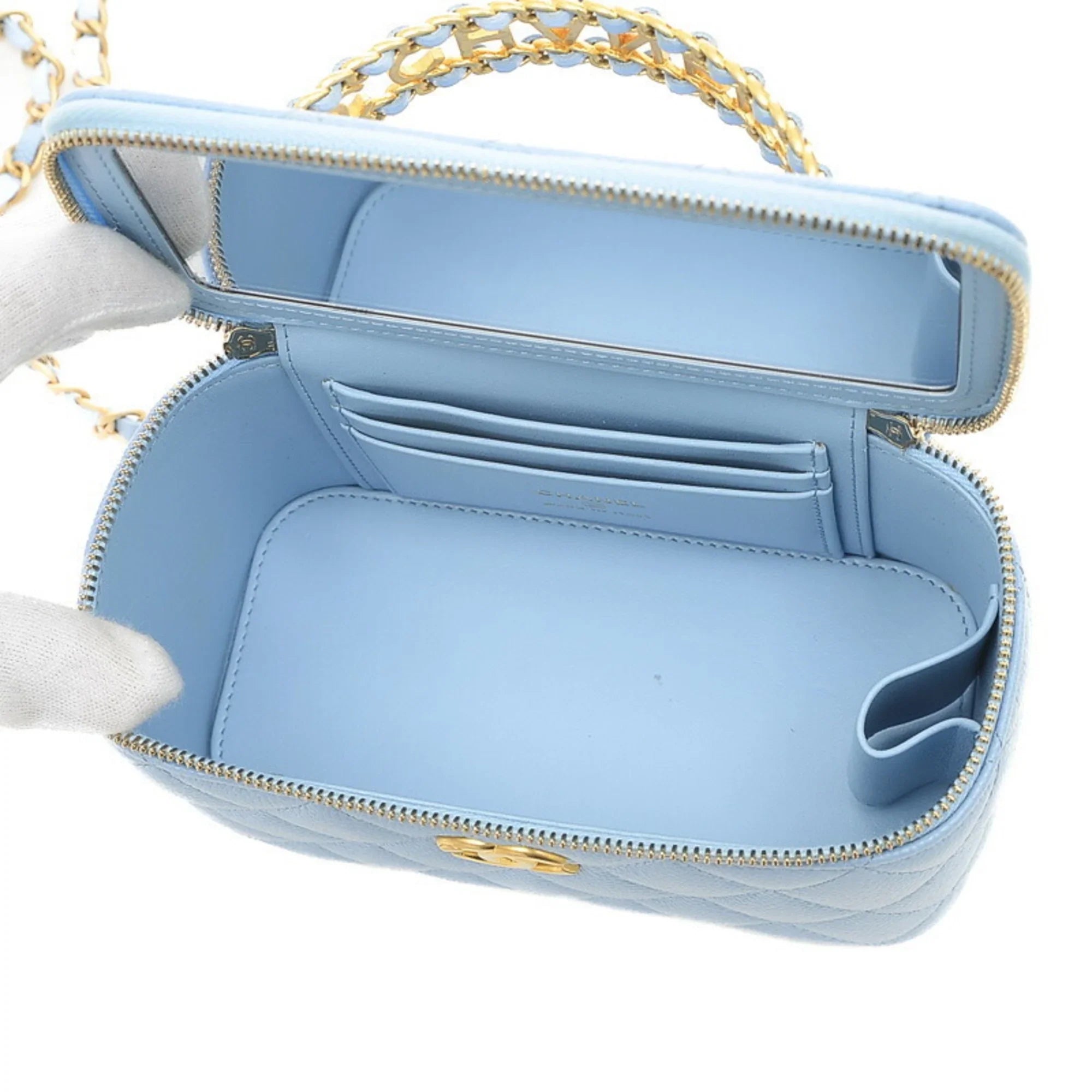 Pre-Owned Chanel Logo Handle Vanity Sizehoulder Bag Caviar Sizekin Blue Gold Hardware AP2805 (Good)