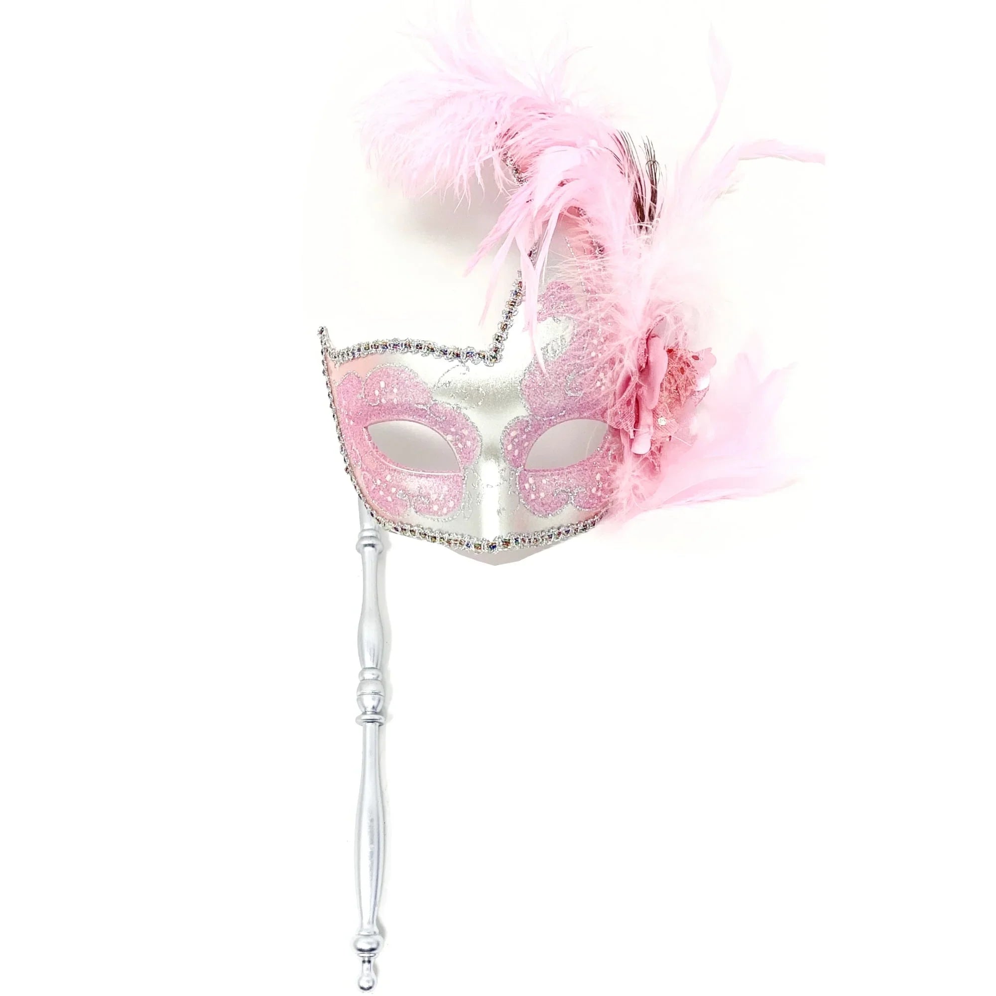 Women Lady Girls Costume Holding Sizetick Venetian Feather mask Masquerade Mask Halloween Mardi Gras Cosplay Wedding Party
