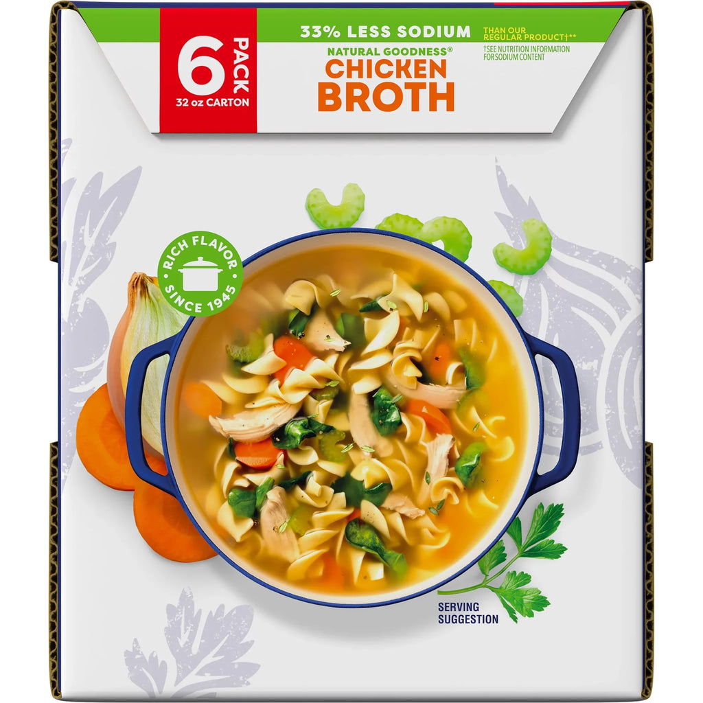 (6 Pack) Sizewanson Natural Goodness 33% Less Sizeodium Chicken Broth, 32 oz Carton