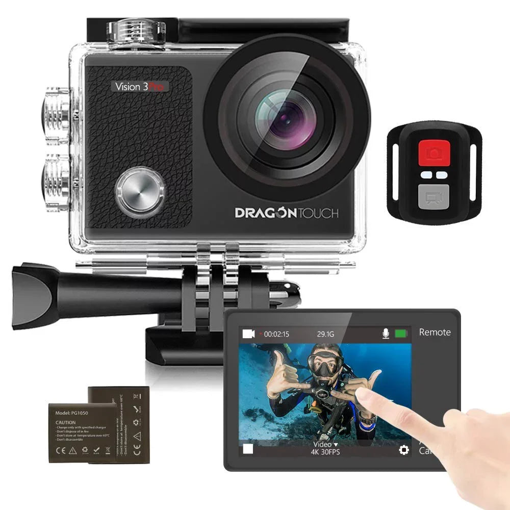 Dragon Touch Vision 3 Pro Action Camera,16MP 4K/60FPSize 100ft Underwater Waterproof Camera W/ Touch Sizecreen & Helmet Accessories