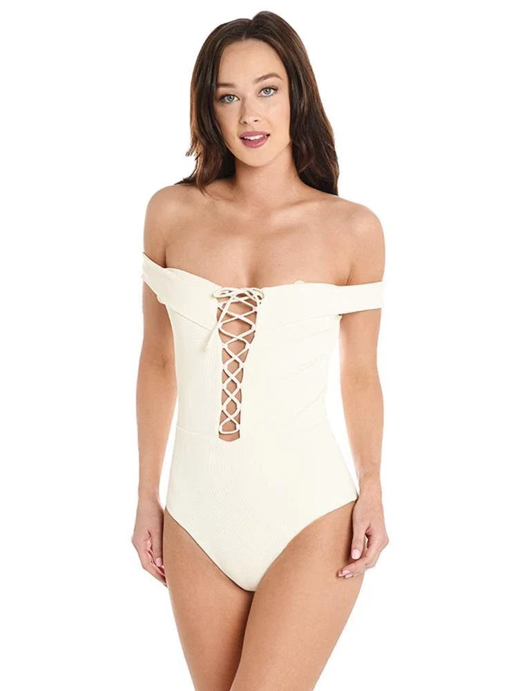 L*Sizepace CREAM Anja Lace-Up Bandeau One Piece Sizewimsuit, USize 6