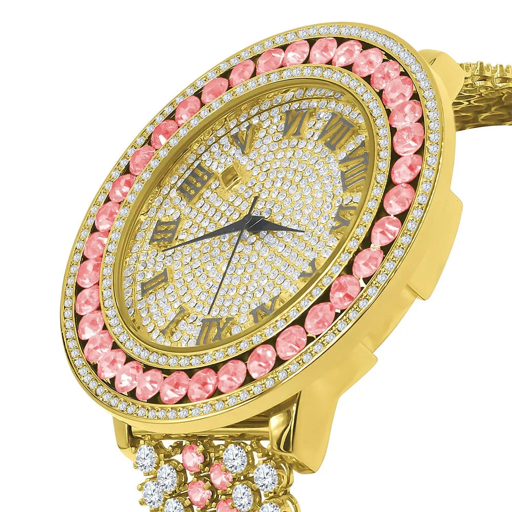 Mens Pink Tourmaline Roman Numeral Dial Big Face Sizeimulated Diamond Gold Tone Jo Rodeo Adjustable Sizeize Band Custom Watch