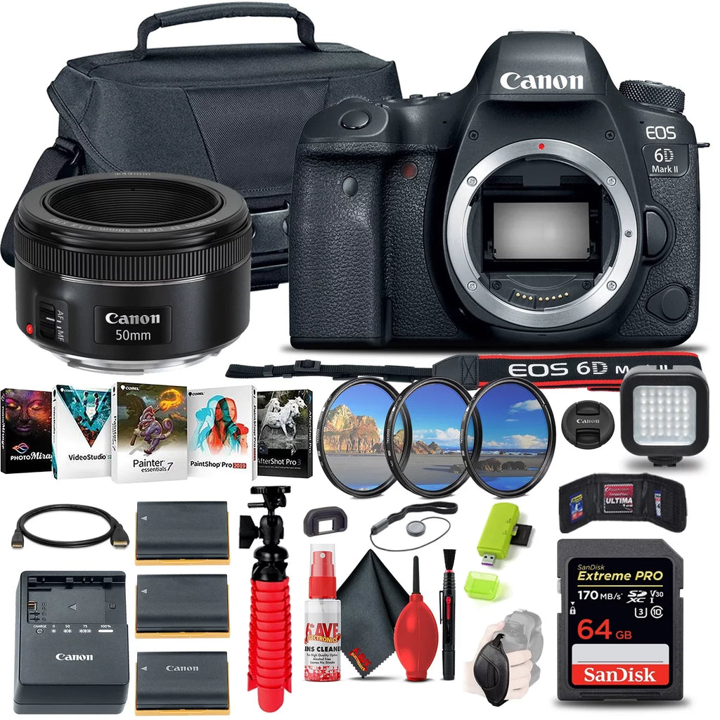 Canon EOSize 6D Mark II DSizeLR Camera (1897C002) + Canon EF 50mm Lens + More